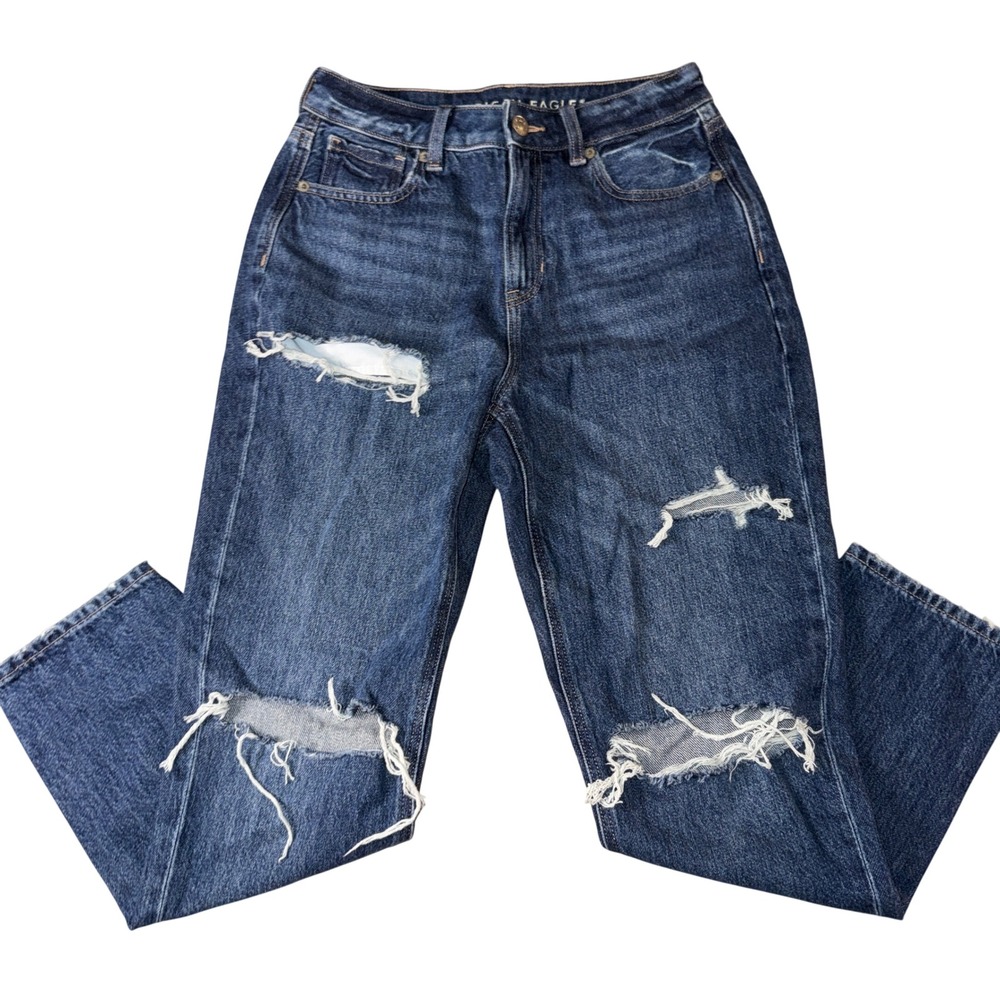 American Eagle Mom Jean 2 Short Blue Distressed High Rise Ripped Denim